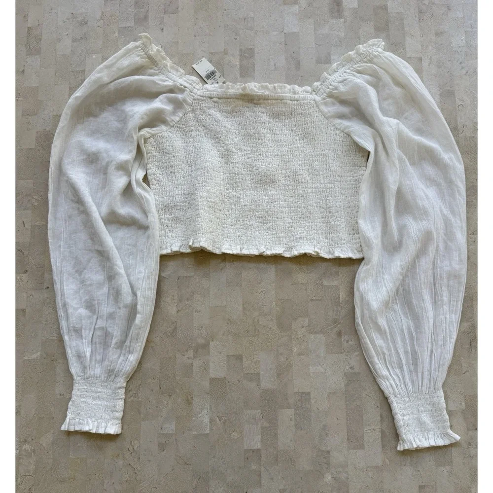 Aerie Smocked Long Sleeve Ivory Square Neck Peasant Boho Cottage Top Size M NWT - Picture 6 of 7
